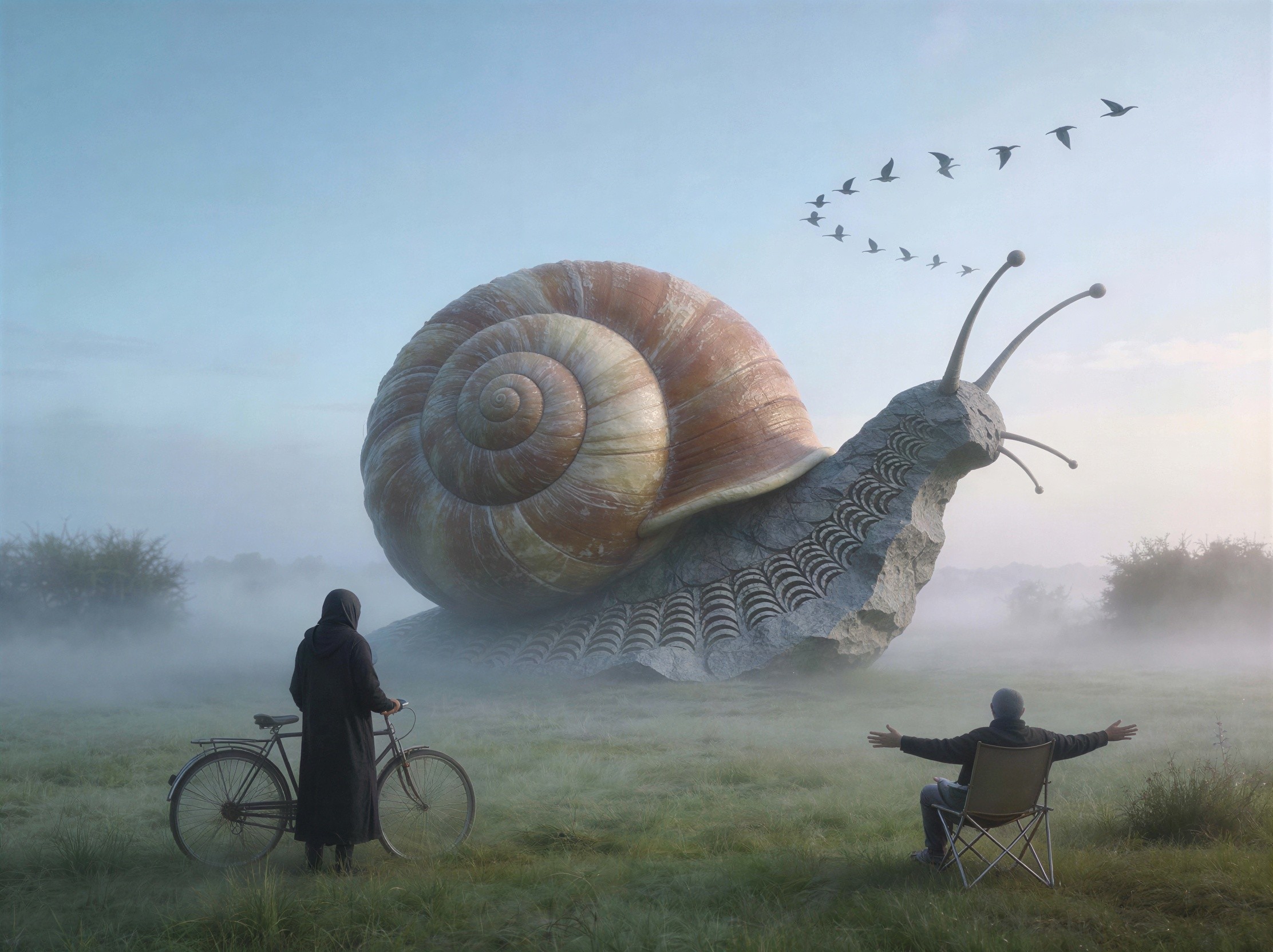 Whimsical Snail Sculpture in Misty Grass Field