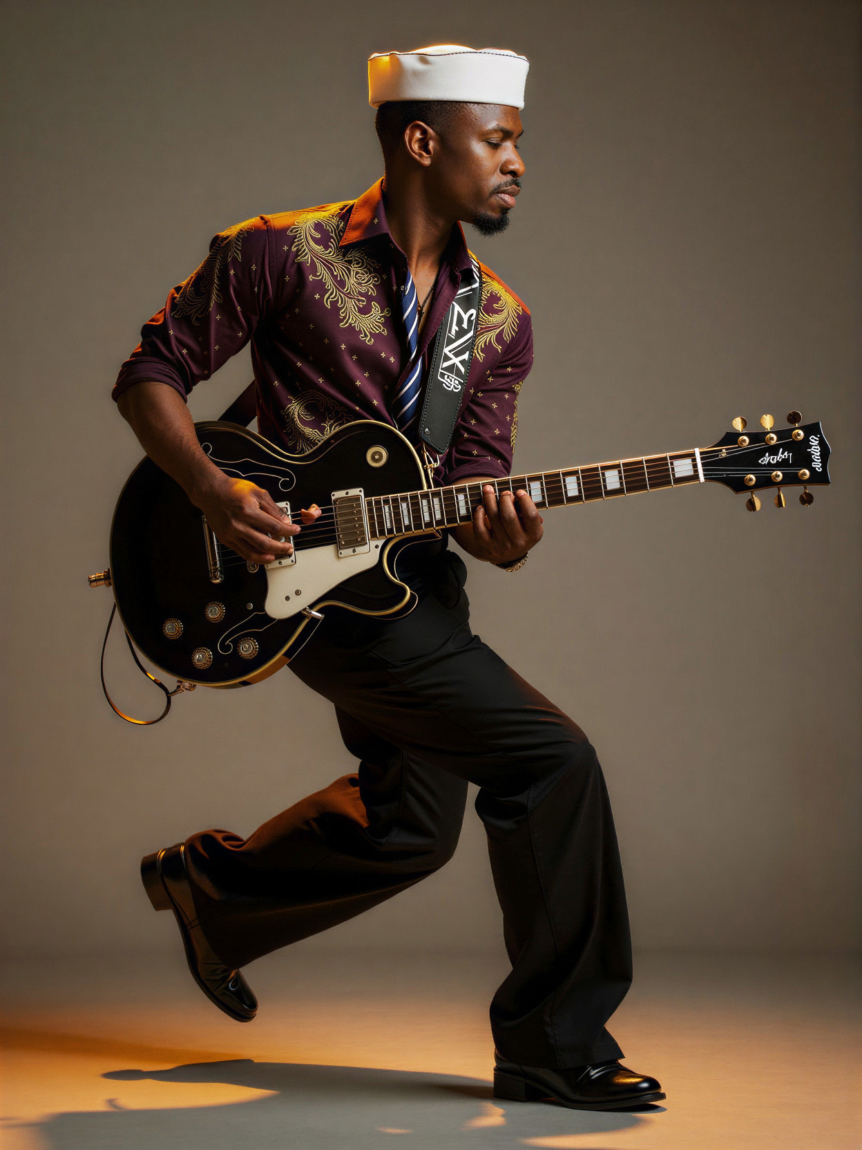 Stylish Musician Playing Electric Guitar in Dynamic Pose