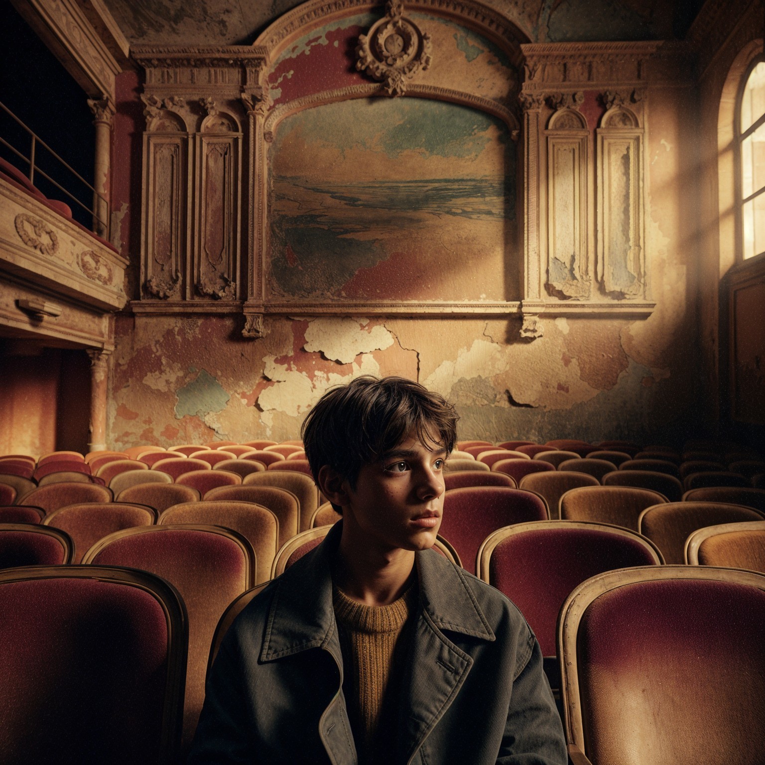 Young Boy in Cozy Sweater in Dilapidated Theater