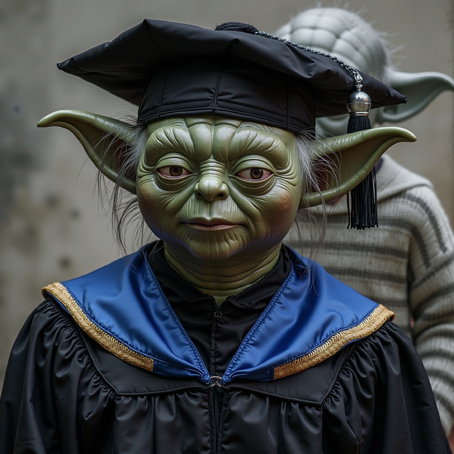 Green-skinned alien in graduation cap and gown