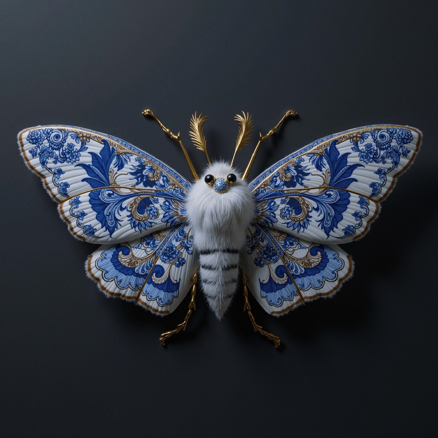 Intricate Moth Design with Blue and White Patterns