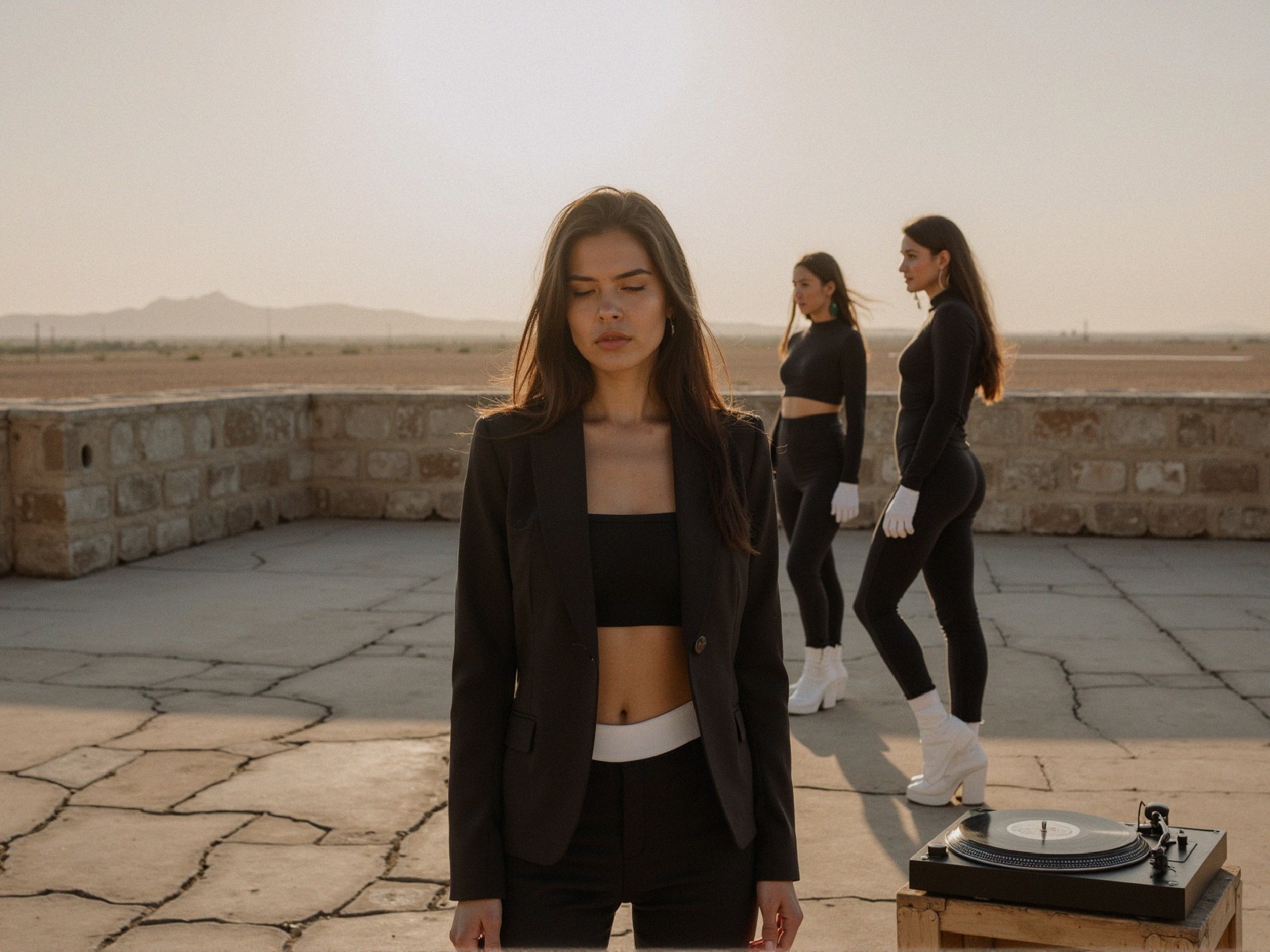 Three Women in Stylish Outfits in Desert Setting