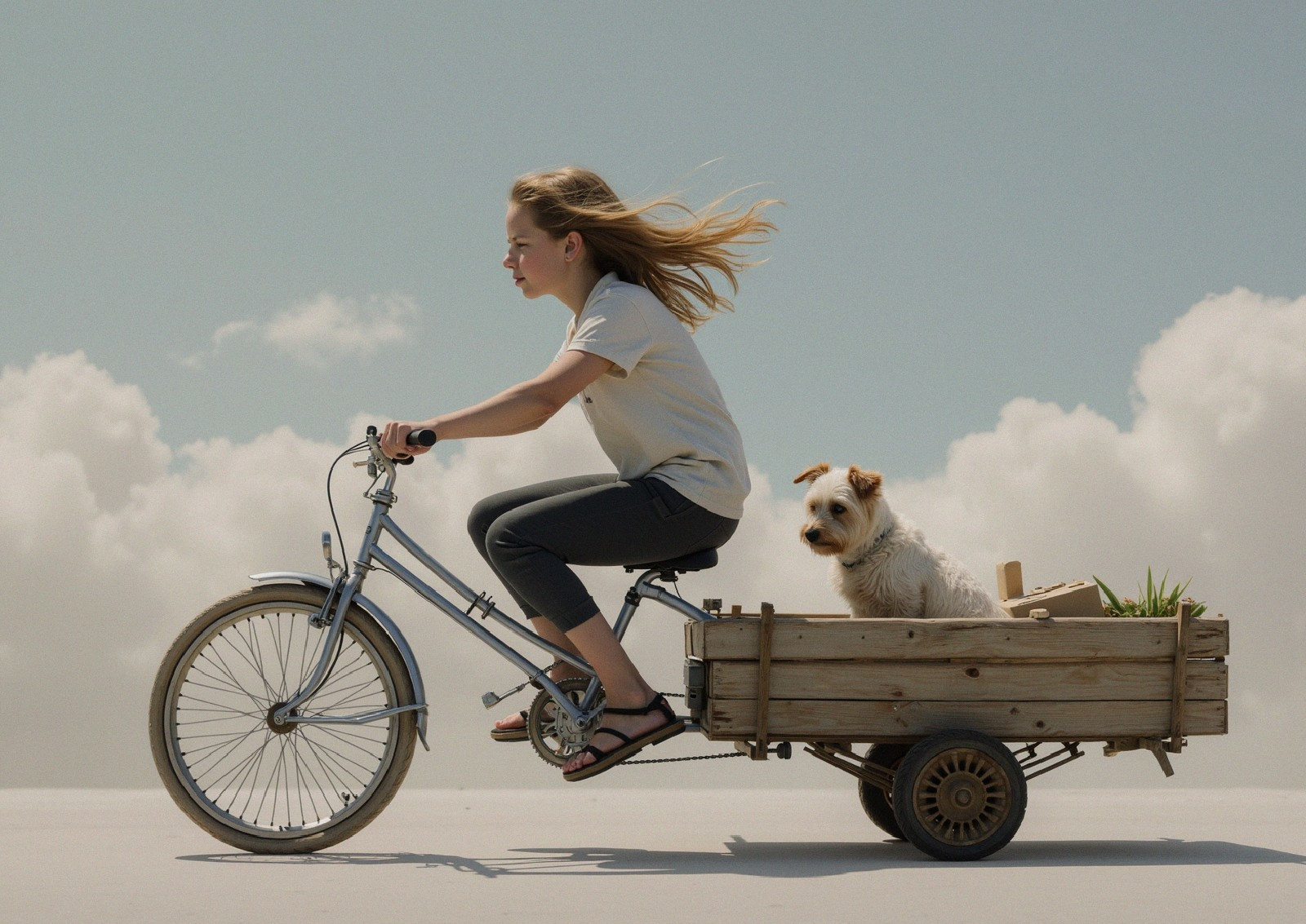 Young Girl Biking with Dog in Wagon Under Blue Sky