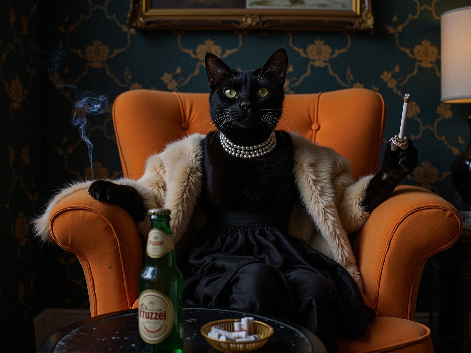 Sophisticated black cat in elegant orange armchair