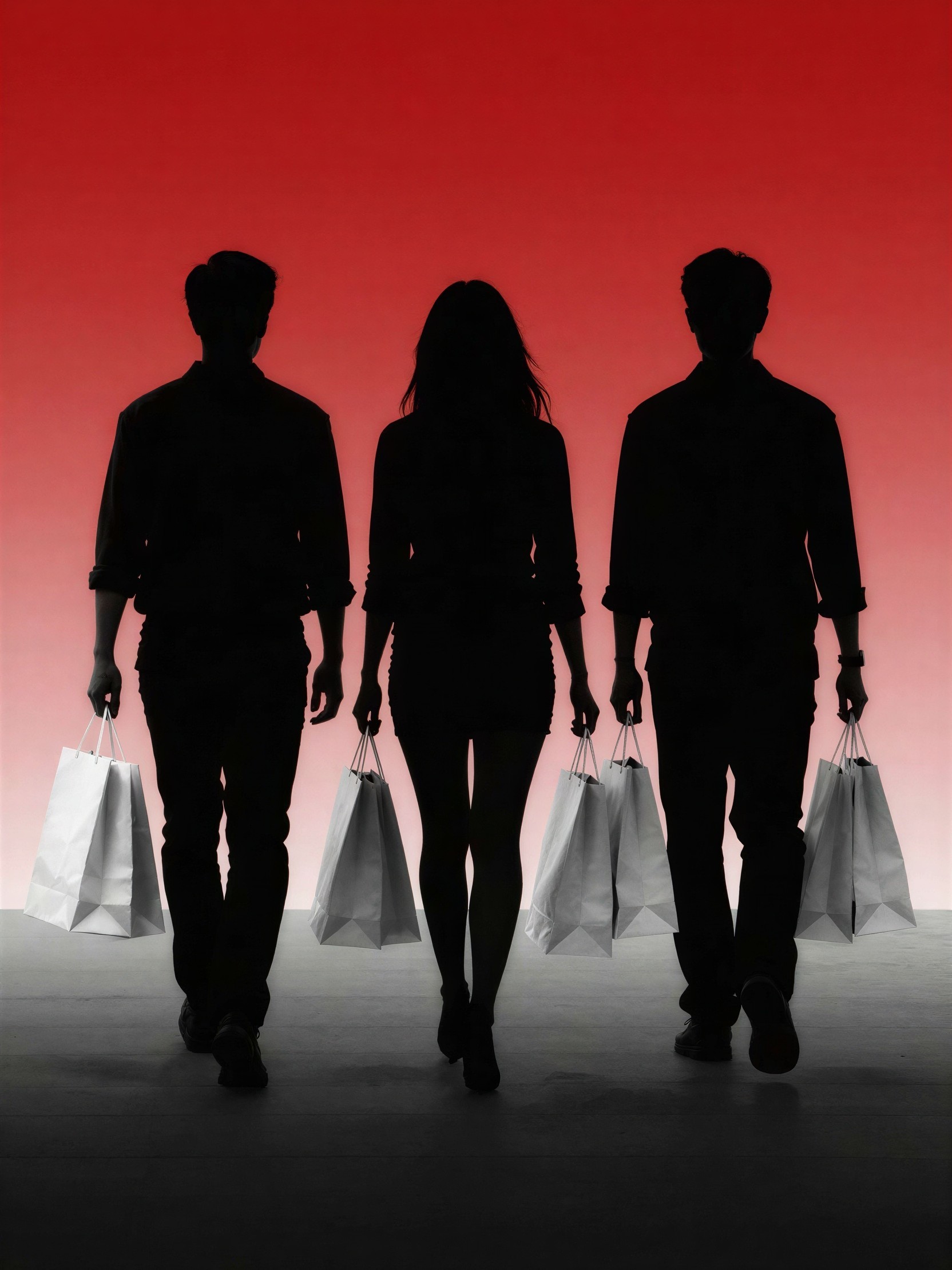 Silhouette of Three Figures Walking with Shopping Bags