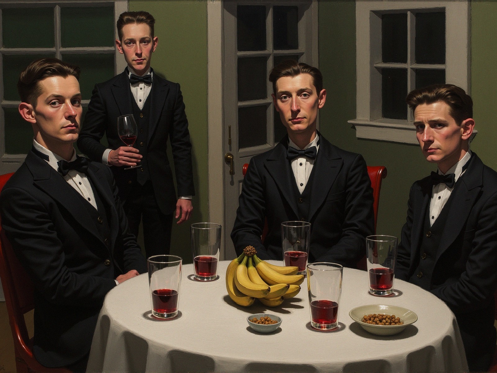 Four Identical Figures in Tuxedos at a Round Table