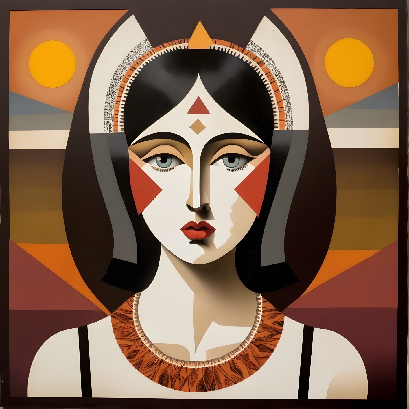 Stylized Female Figure with Geometric Shapes and Colorful Features