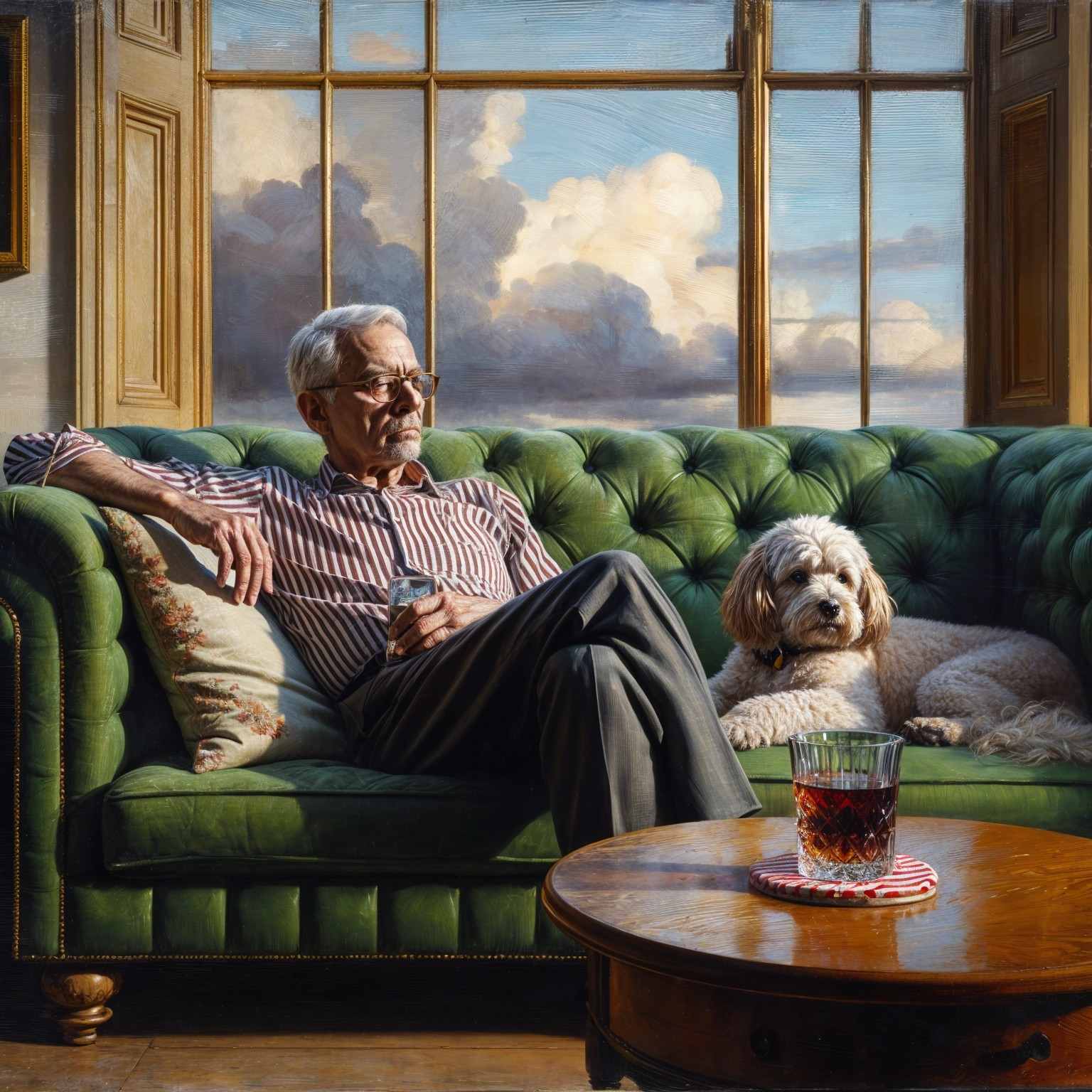 Cozy Room with Man, Dog, and Scenic Window View