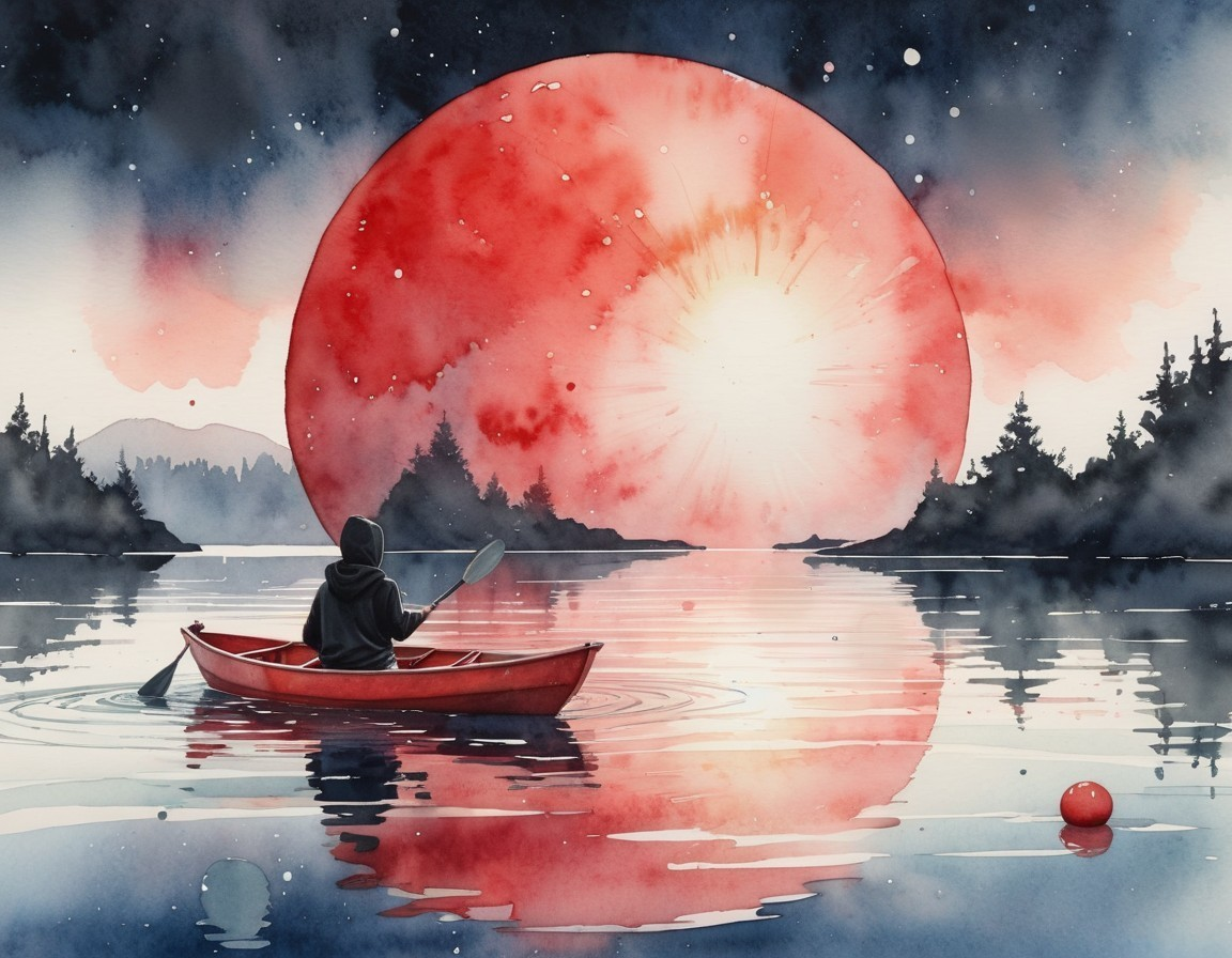 Solitary Kayaker on Tranquil Lake Under Red Moon