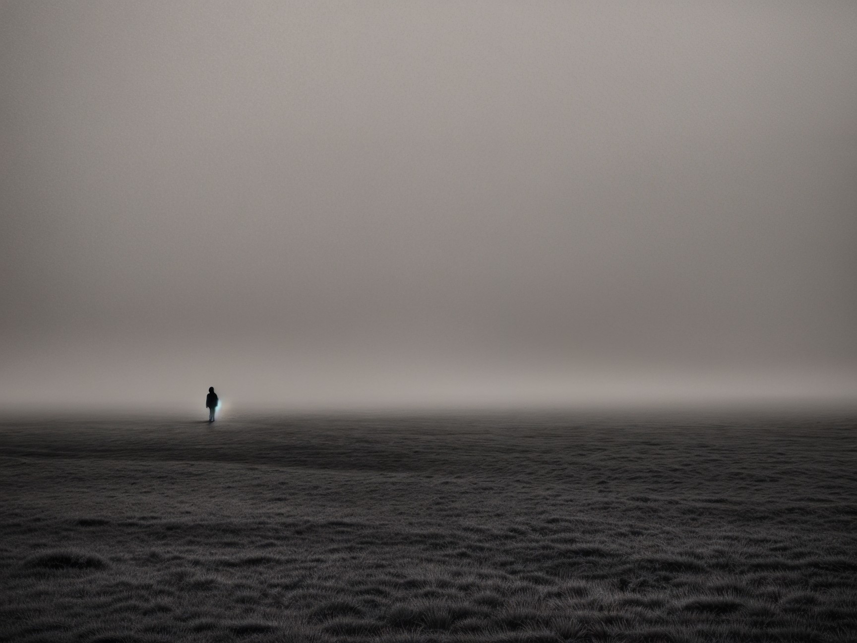 Solitary Figure in Foggy Landscape with Light