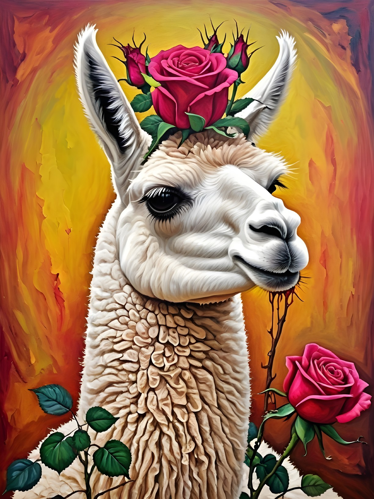 Vibrant Painting of a Llama with Rose Crown