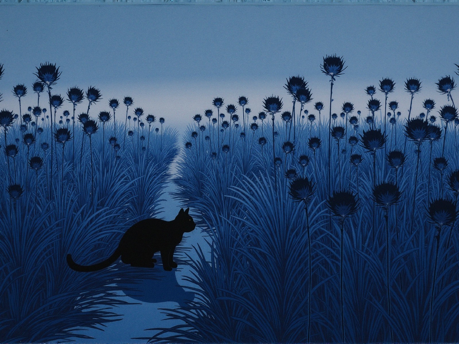Serene Twilight Landscape with Black Cat and Thistles