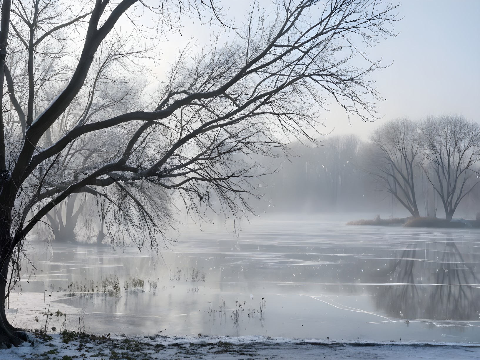 Tranquil Winter Scene with Frozen Lake and Fog