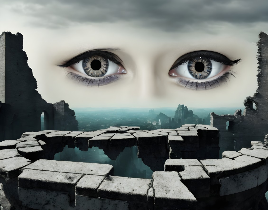 Surreal Landscape with Stone Ruins and Striking Eyes