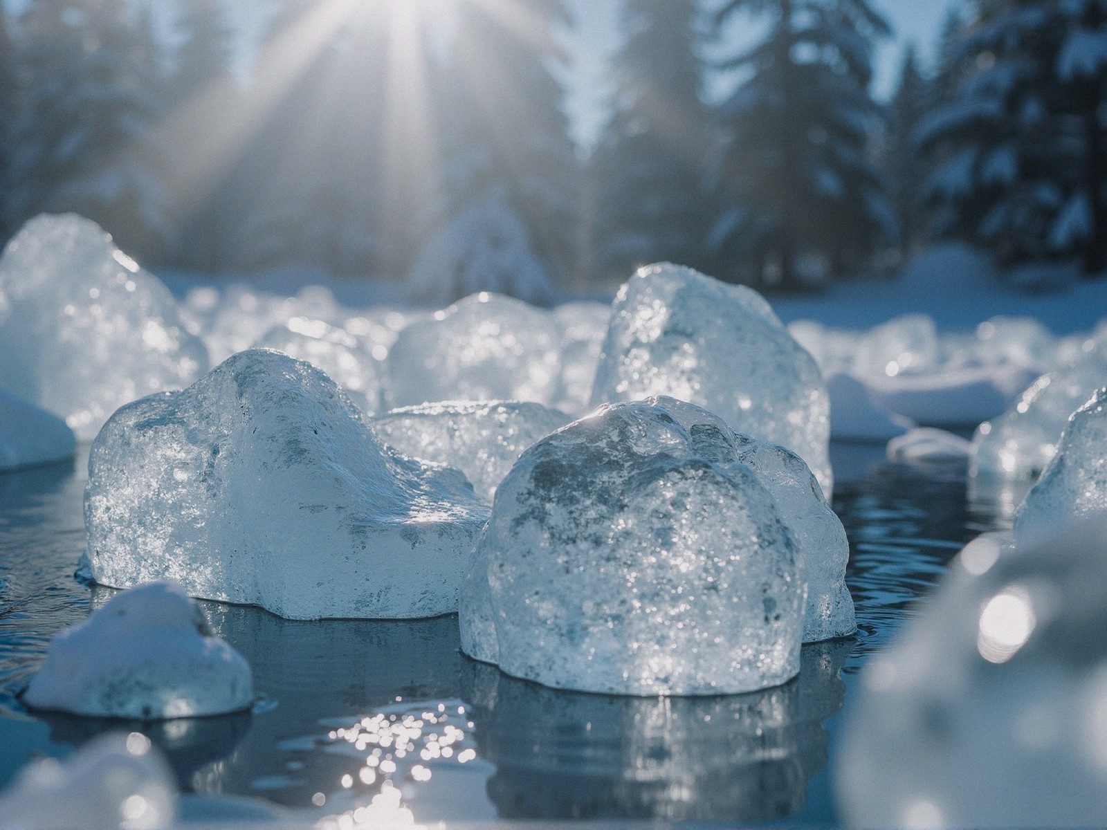 Serene winter landscape with ice and snow-covered trees