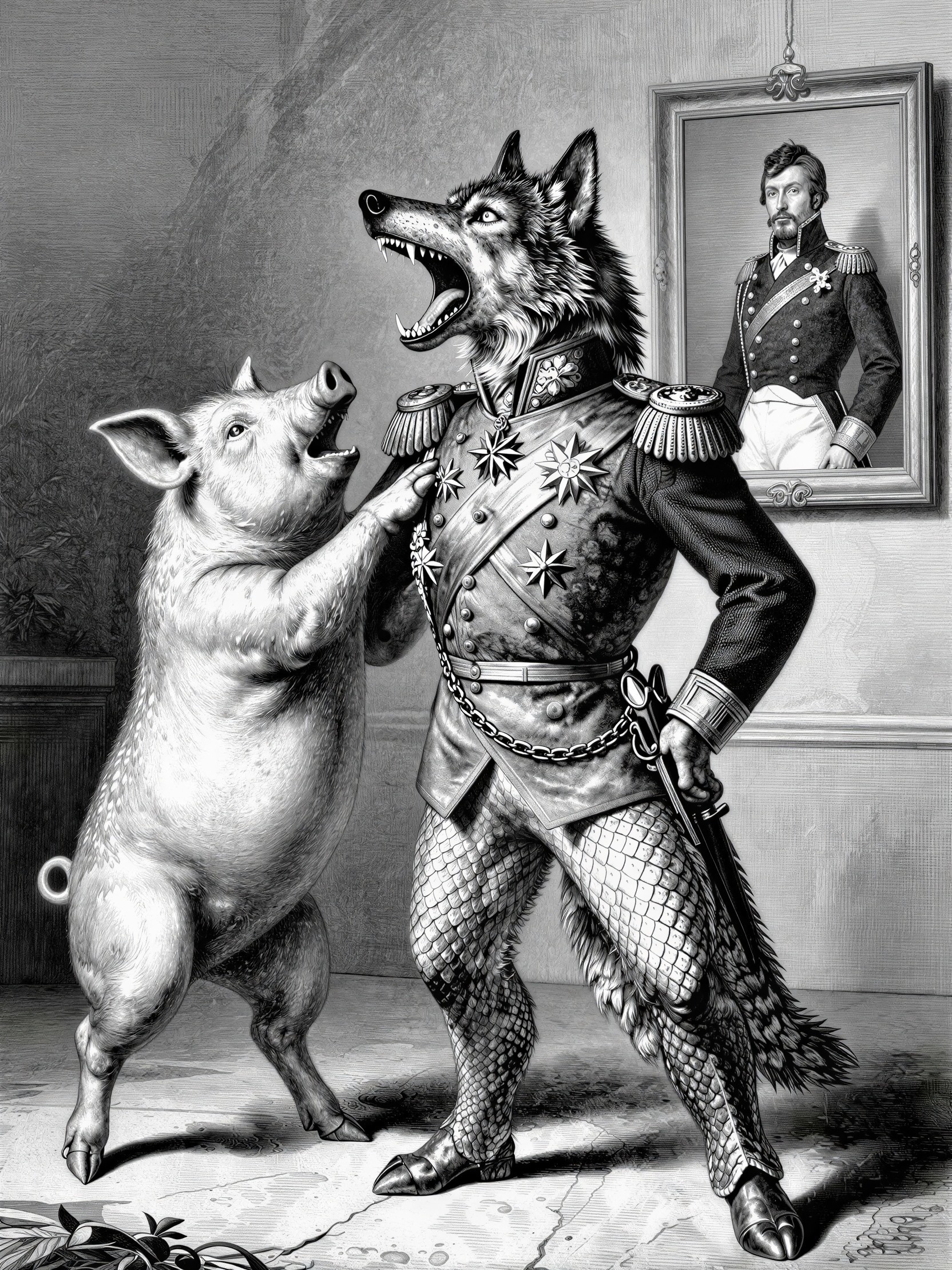 Black and white engraving of pig and wolf argument