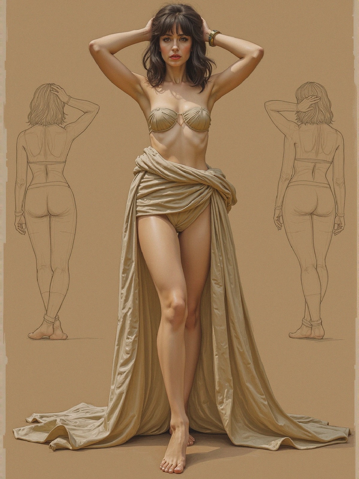 Model in Nude Bikini with Flowing Fabric and Sketches