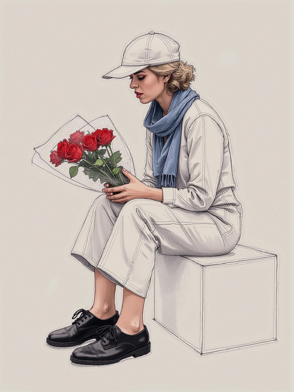 Young woman in white outfit holding red roses