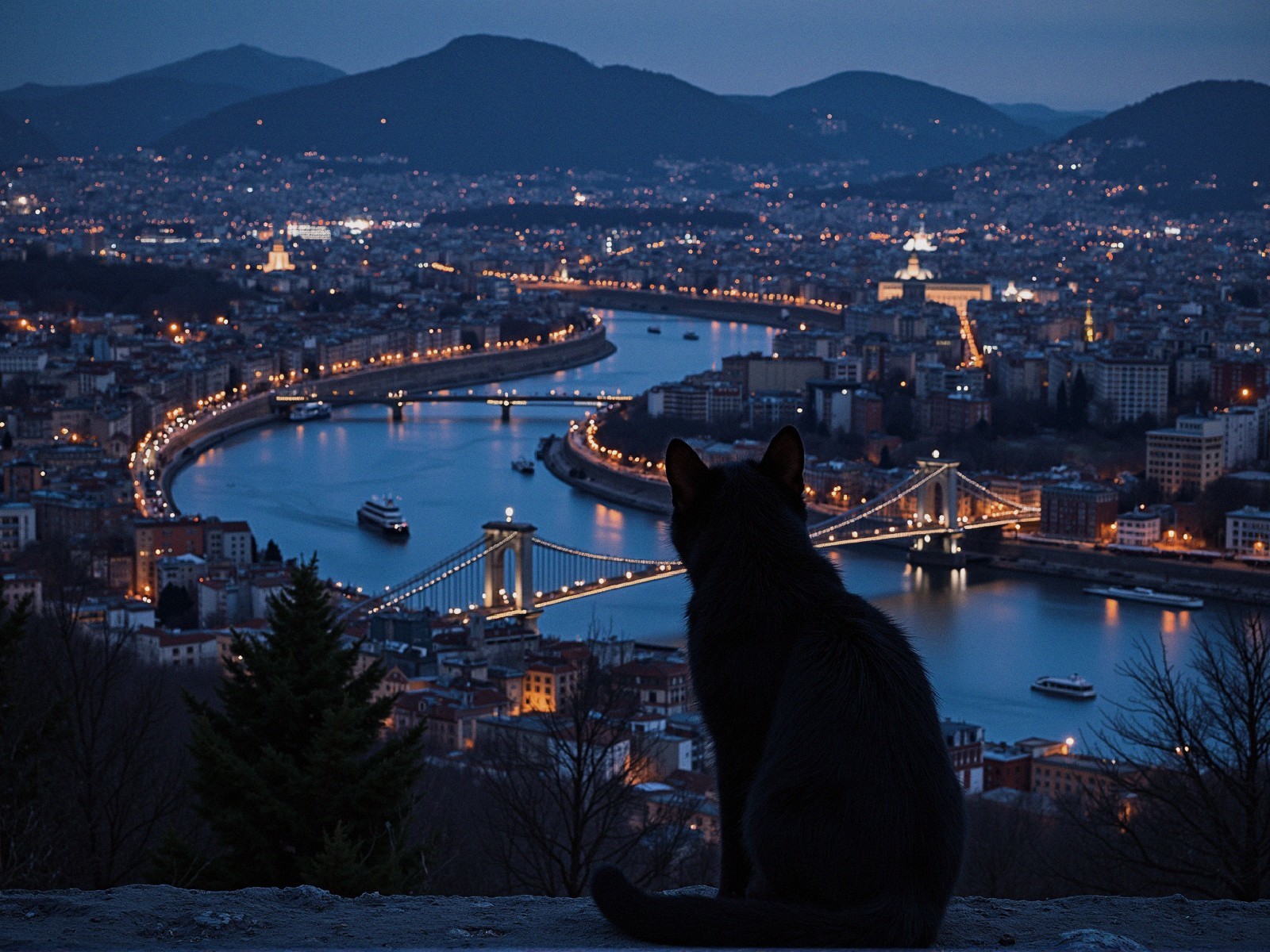 Black Cat Overlooking Vibrant Cityscape at Dusk