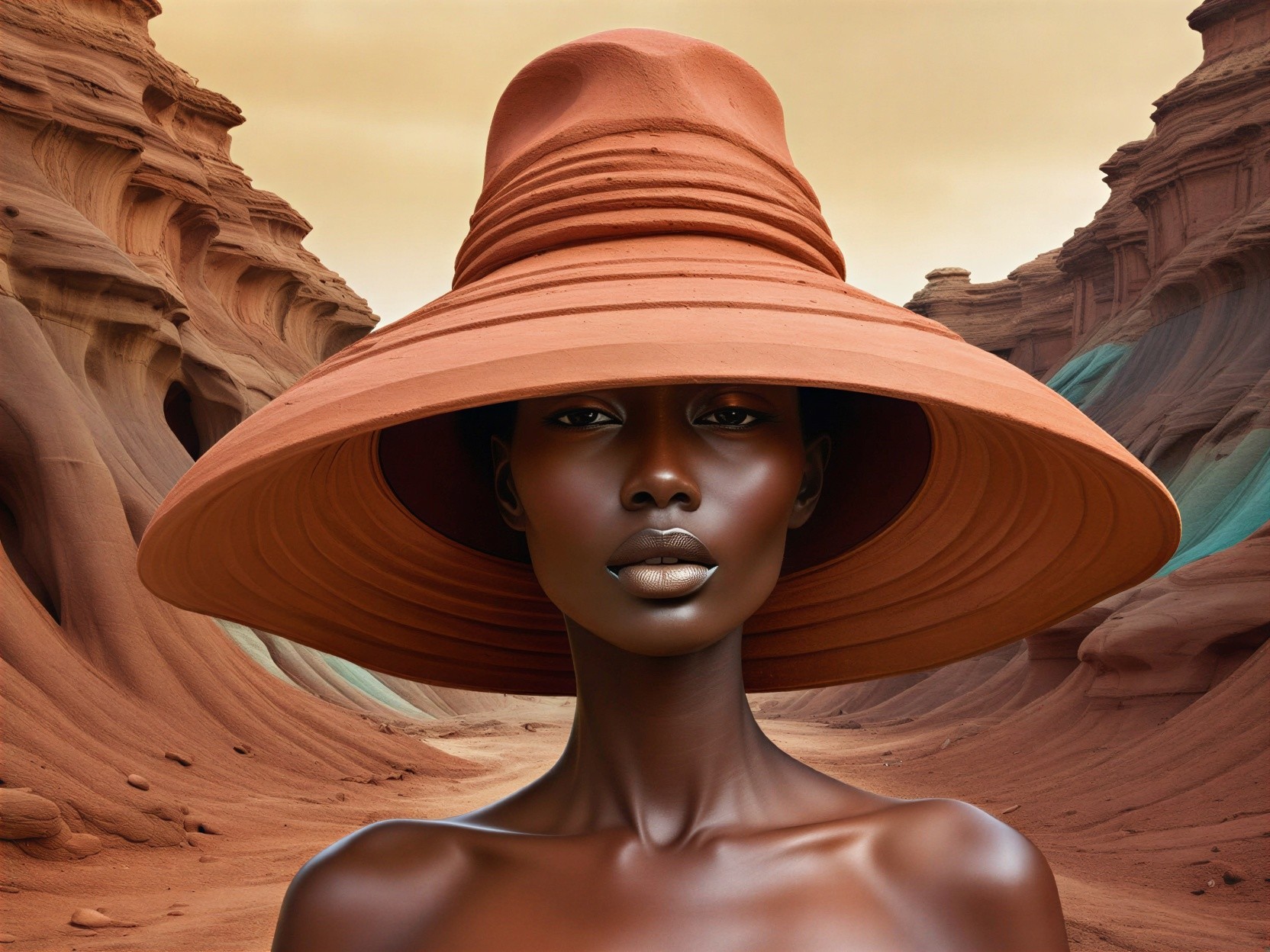 Portrait of a model in terracotta hat against canyon backdrop