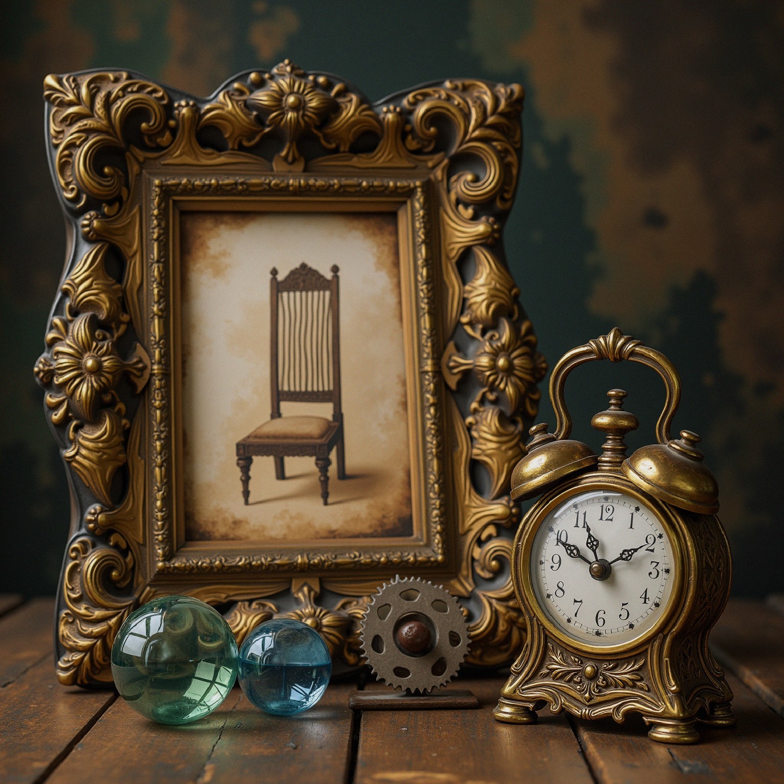 Vintage Scene with Ornate Frame and Antique Clock