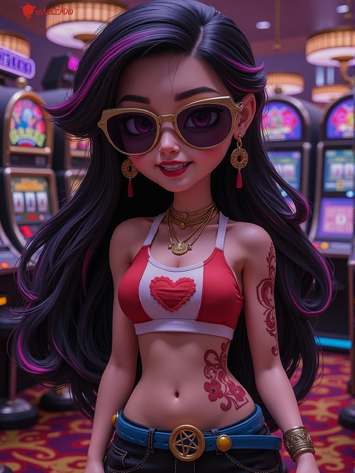 Young Woman in Casino with Stylish Outfit and Tattoos