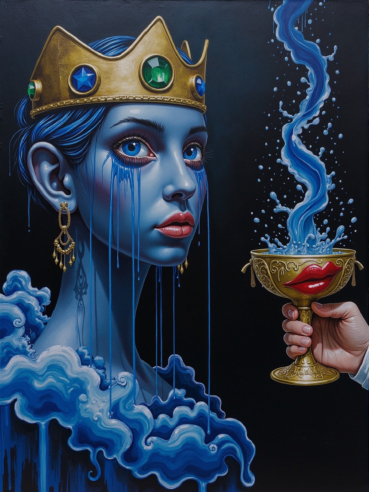 Striking Woman with Blue Skin and Dramatic Makeup