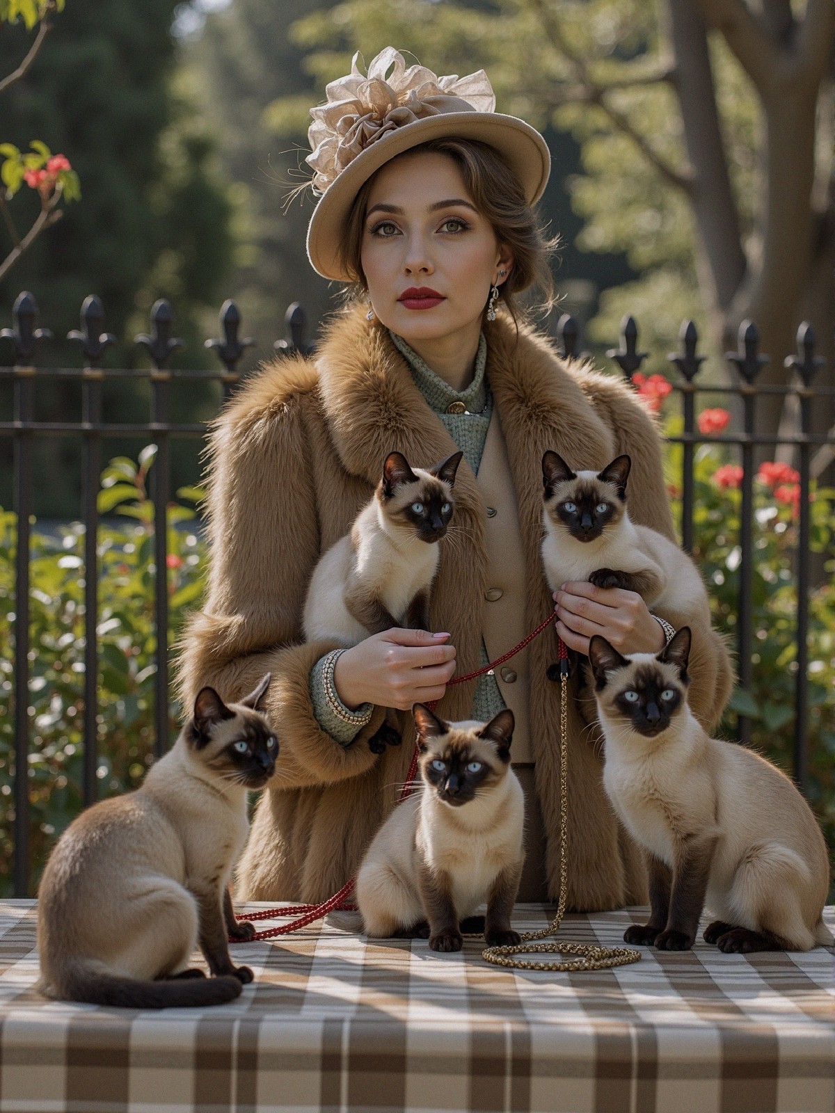 Elegant Woman in Vintage Outfit with Siamese Cats
