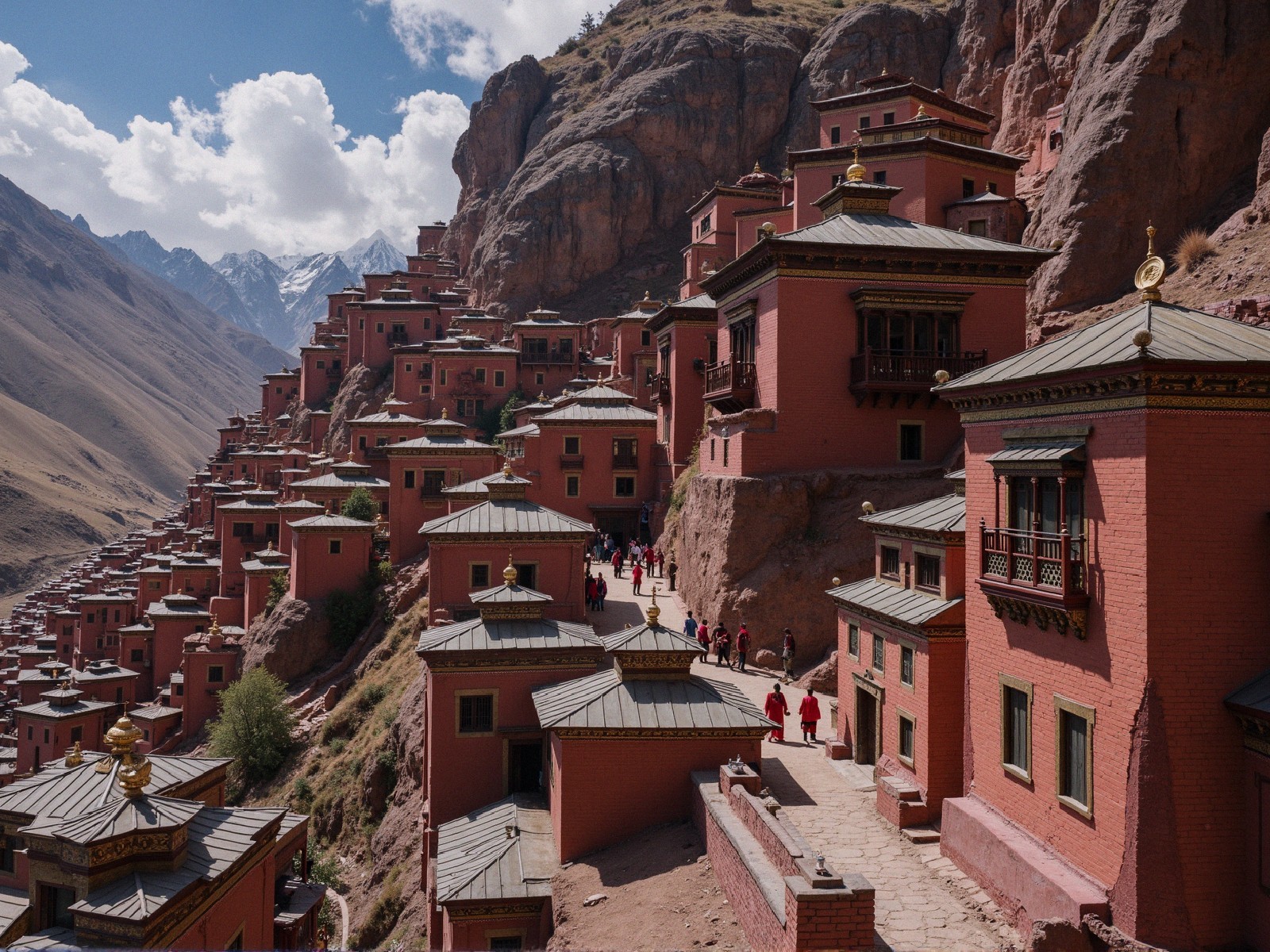 Mountainous Landscape with Traditional Red-Stone Buildings