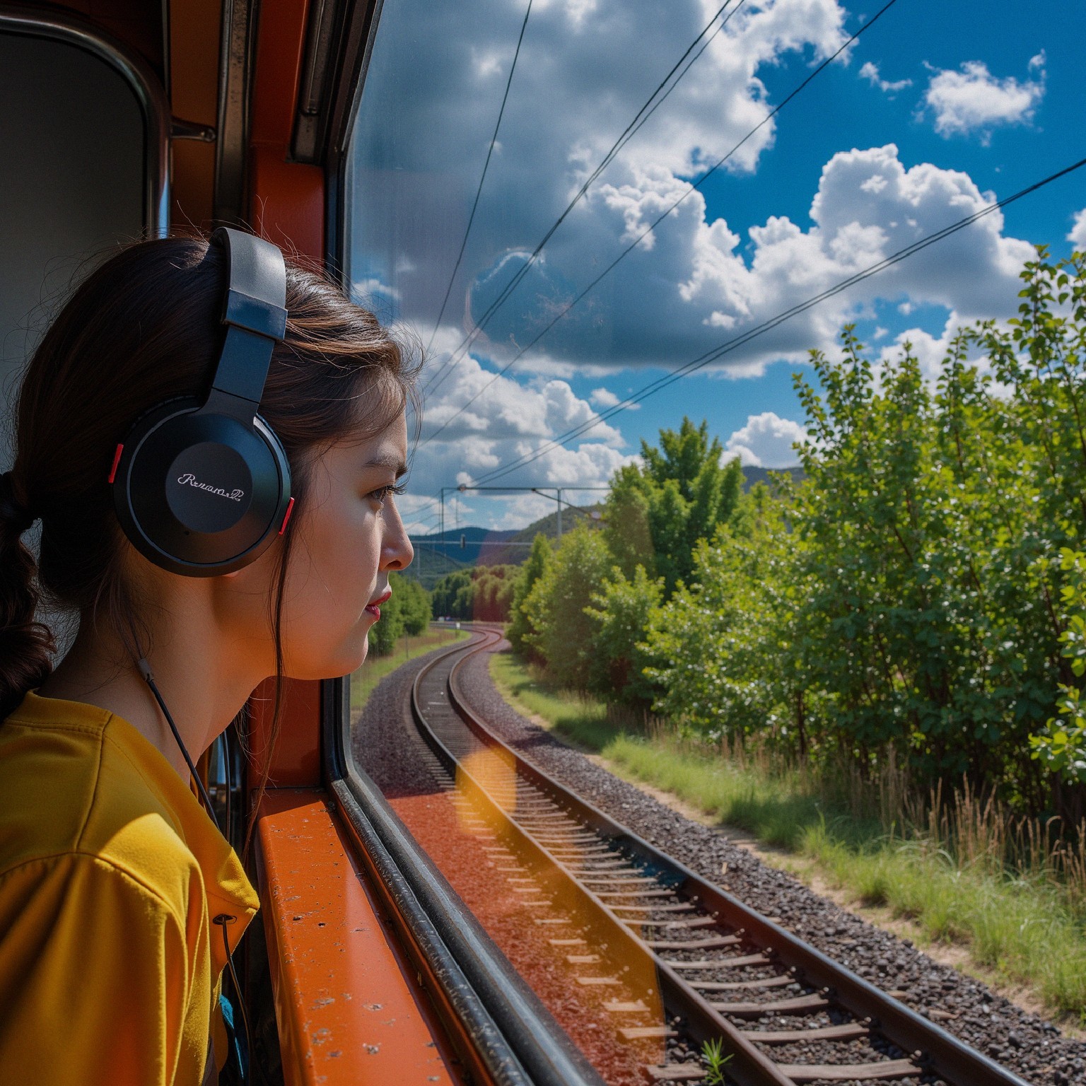 Young woman in headphones gazing from train window