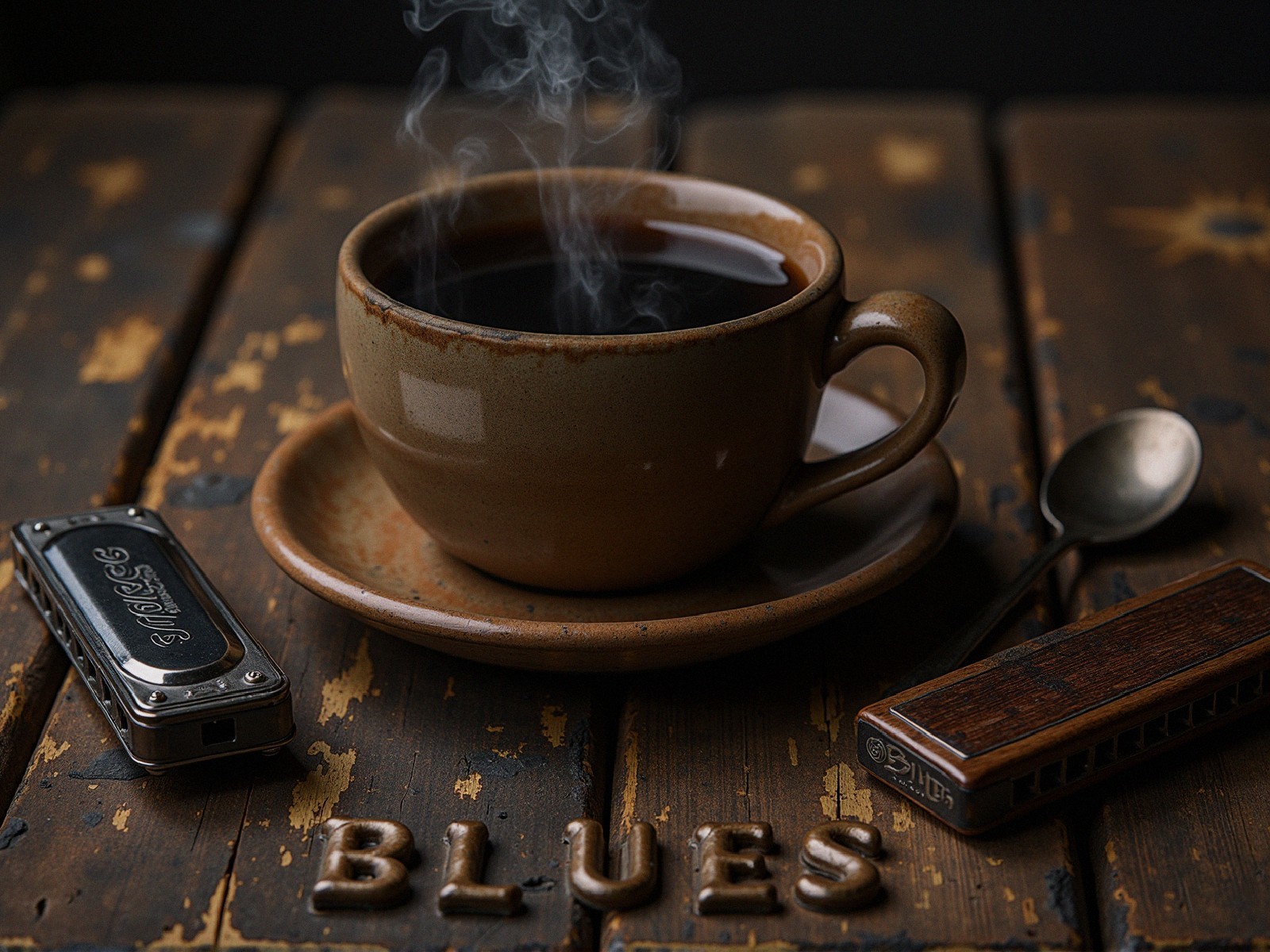 Rustic Table with Coffee and Blues Theme Decor