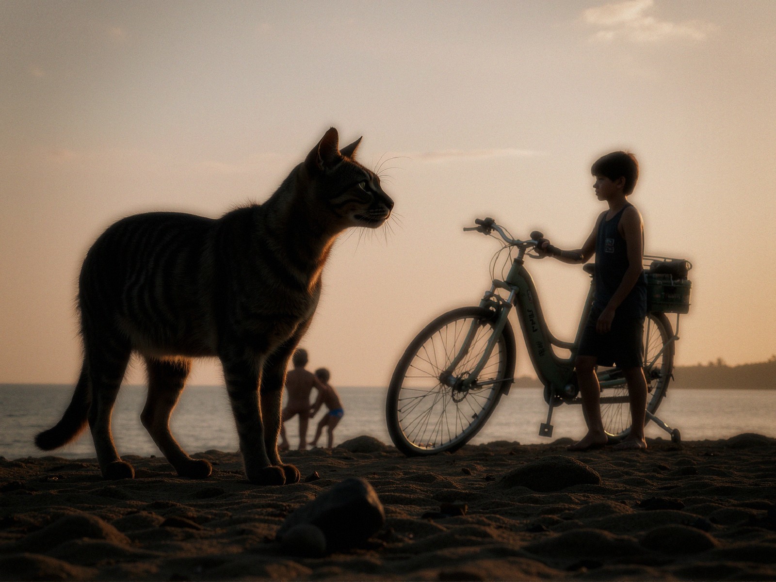 Serene Beach Scene at Sunset with Children and Cat