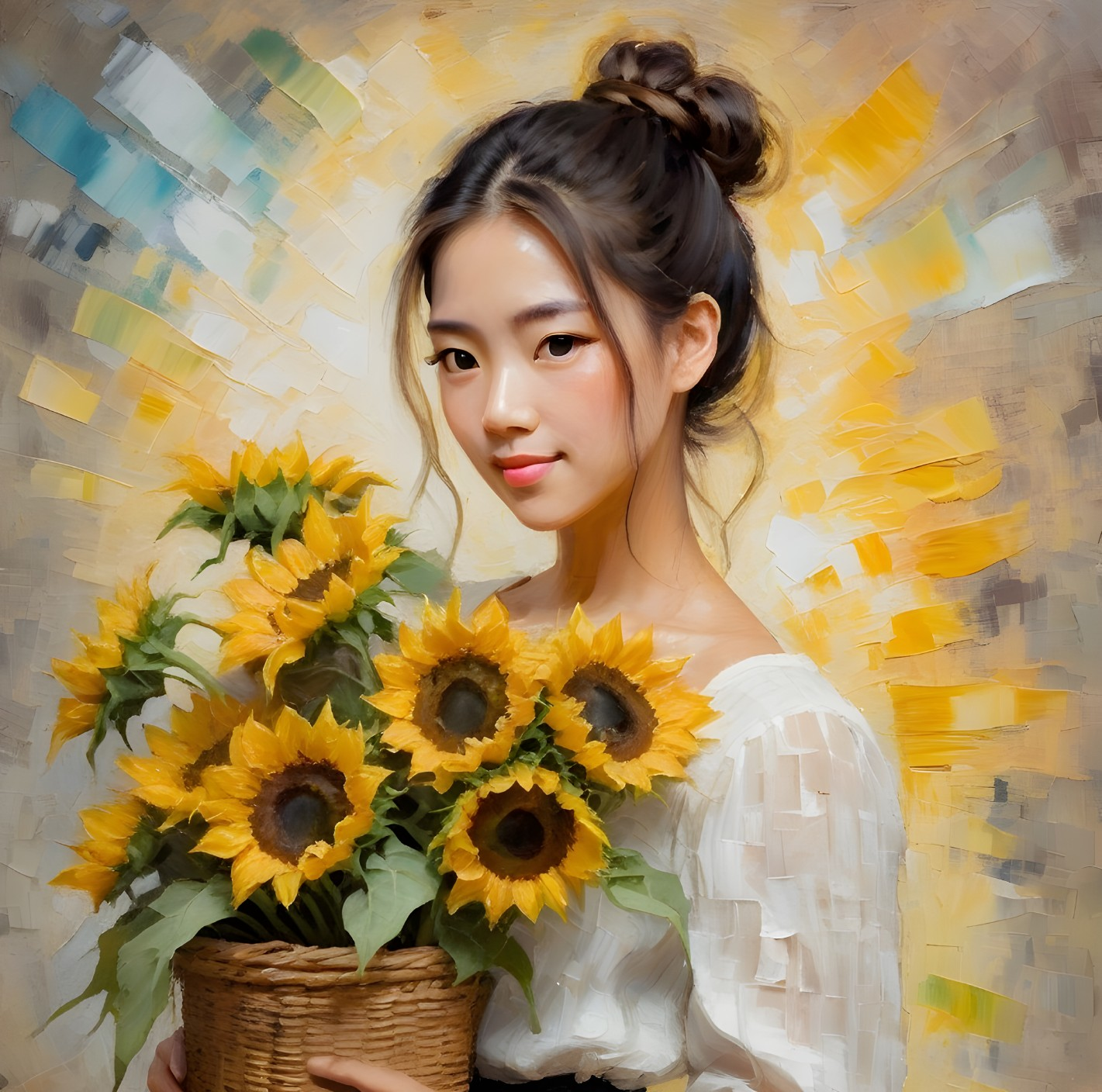 Young woman with sunflowers in a warm abstract background