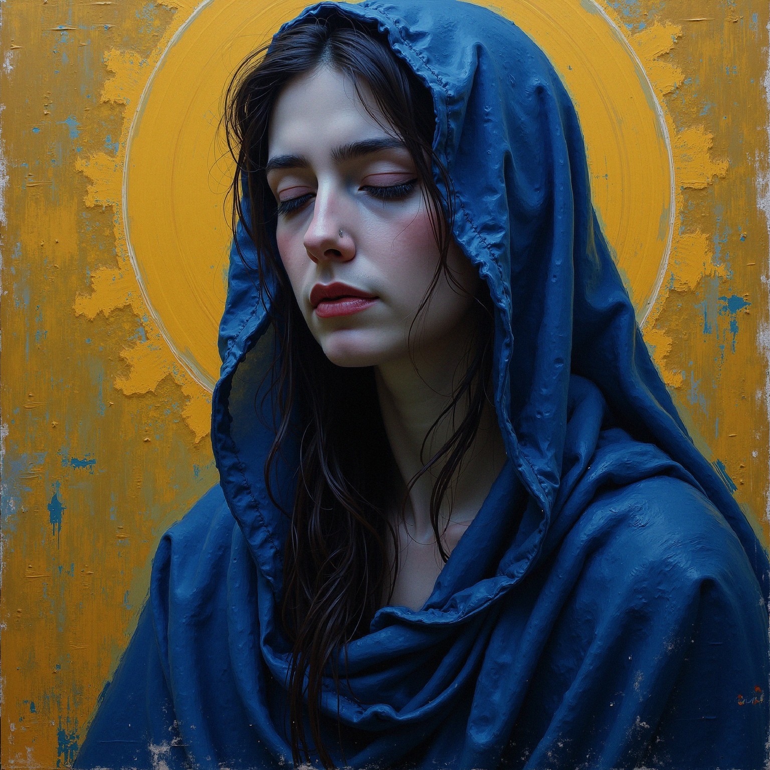 Serene young woman in blue hood with golden halo