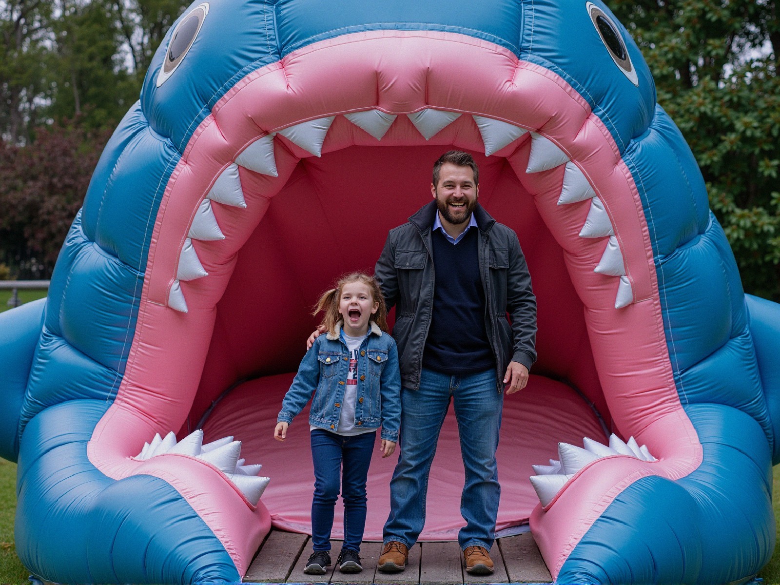 Joyful Scene of Man and Girl in Inflatable Shark's Mouth