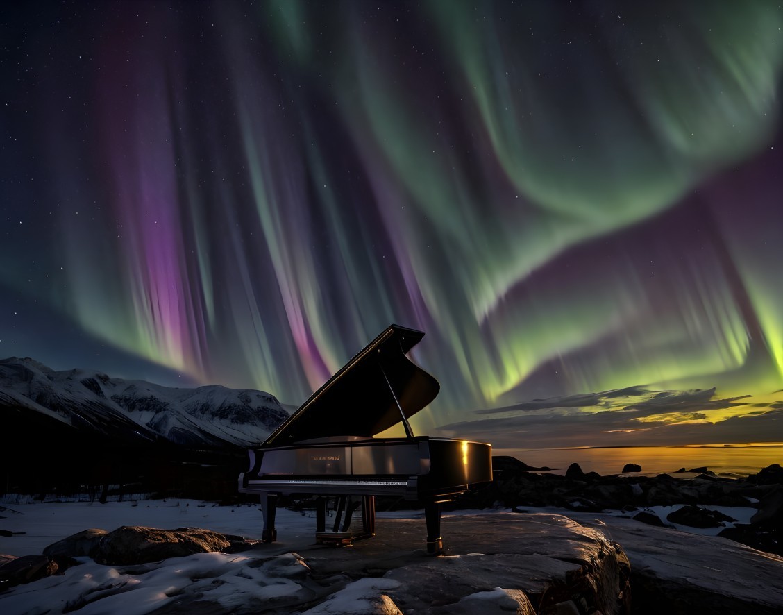 Grand Piano Under Northern Lights on Rocky Terrain