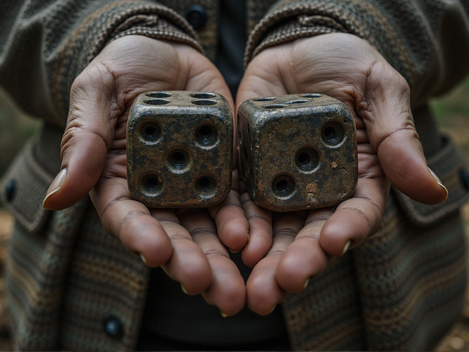 Weathered Dice Held in Open Hands with Blurred Background