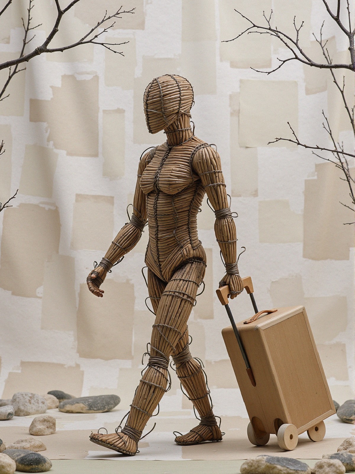 Stylized Wooden Mannequin with Suitcase on Textured Surface