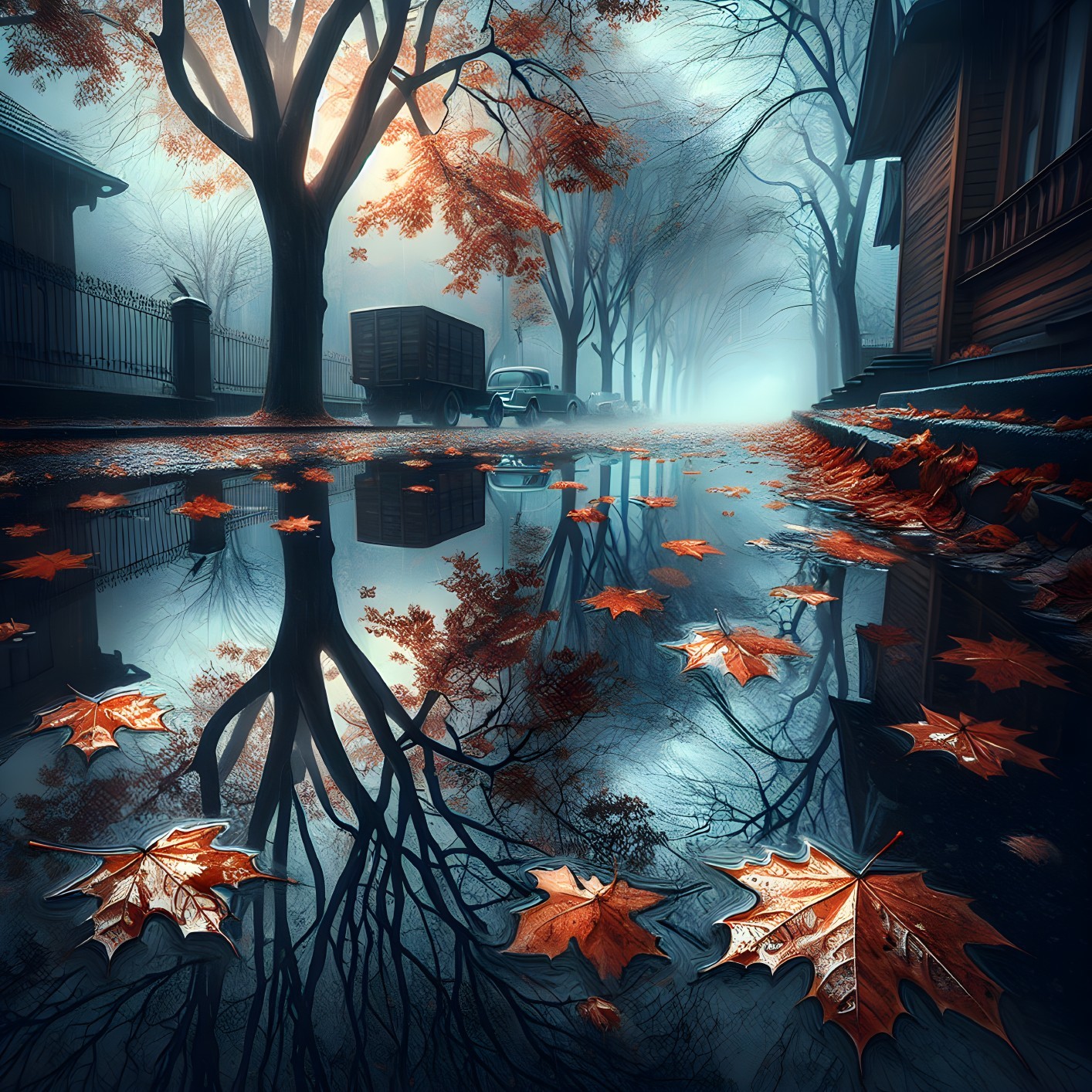 Autumn Scene with Leaves and Reflective Puddle