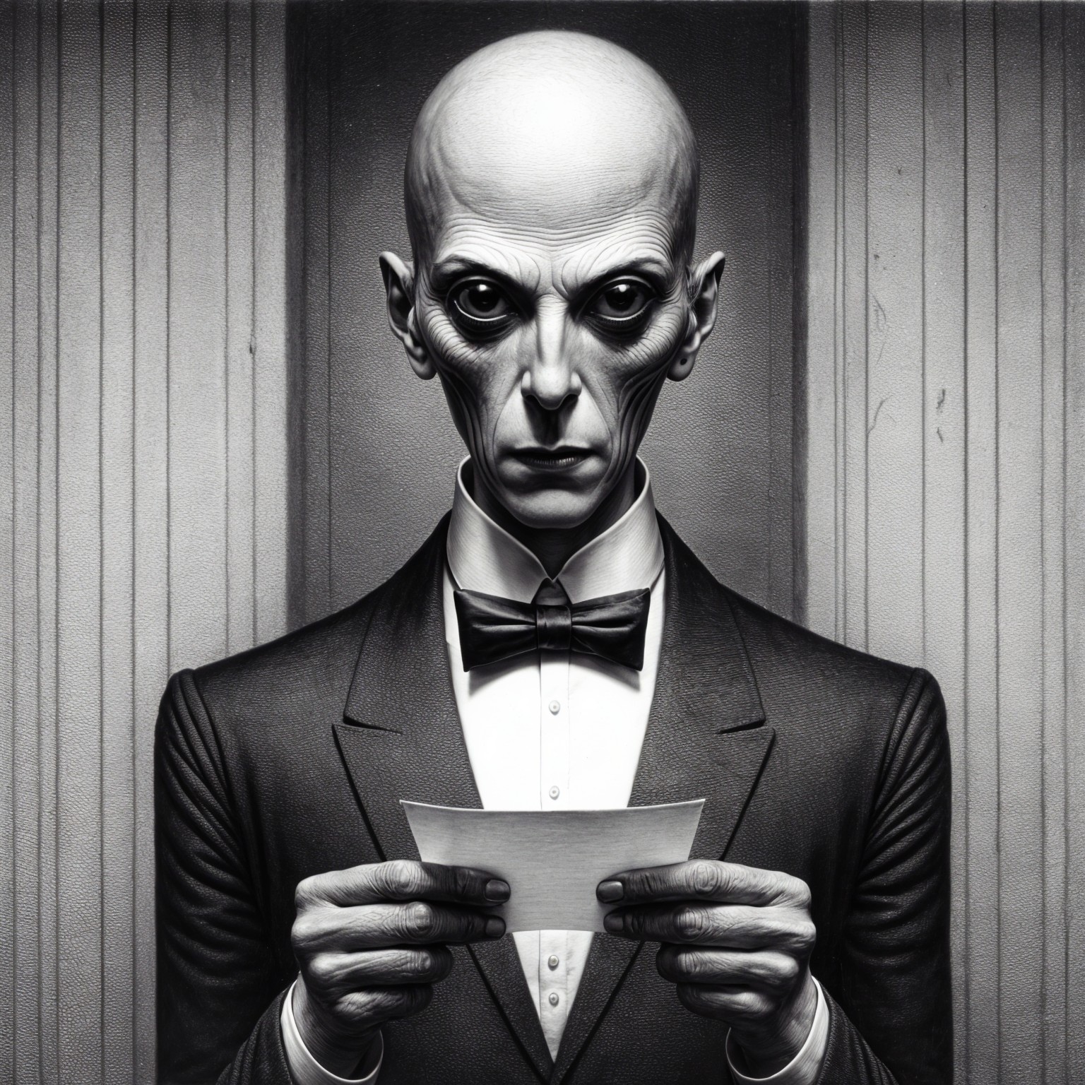 Mysterious Figure in Tuxedo Against Textured Background