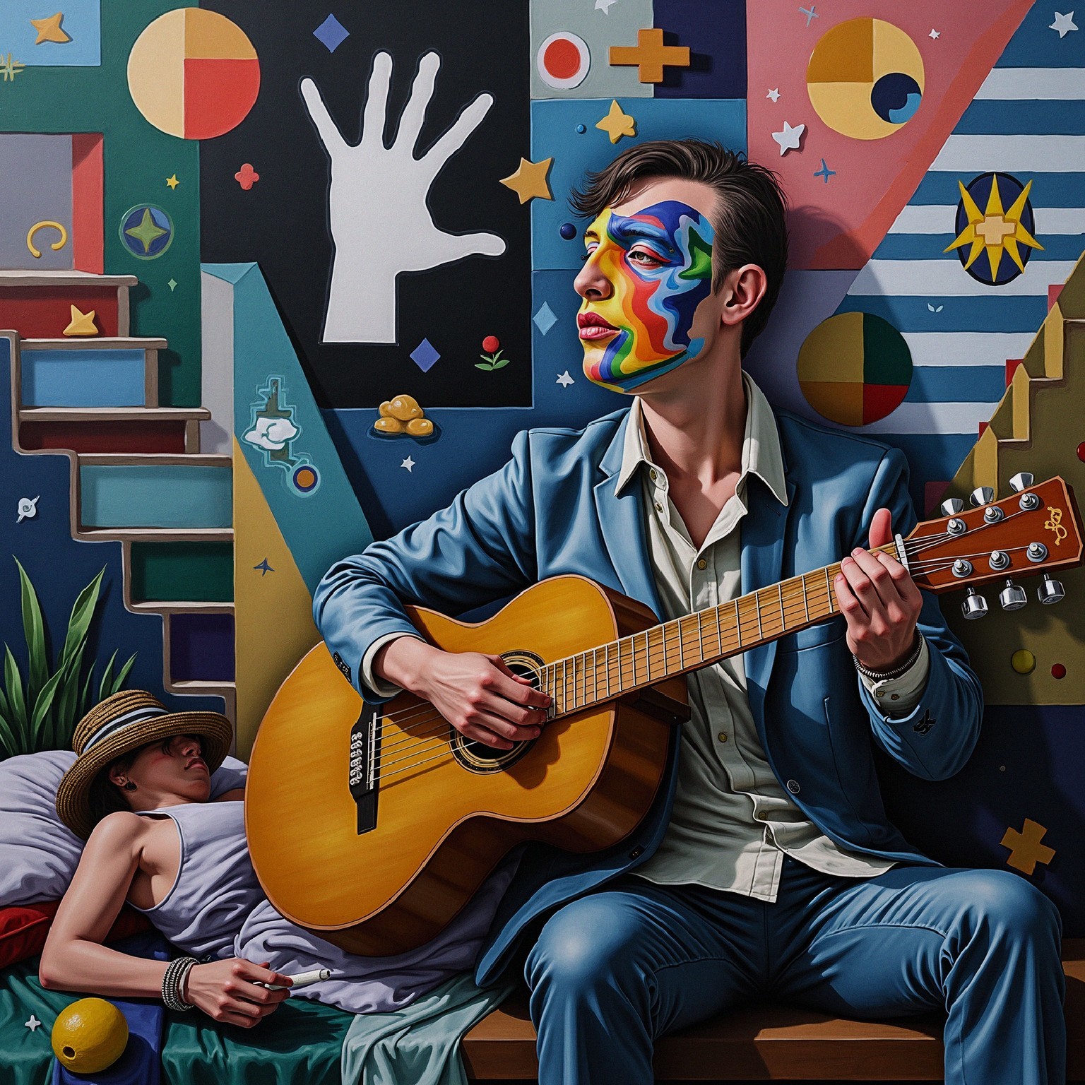 Colorful Face Paint and Guitar in Abstract Setting