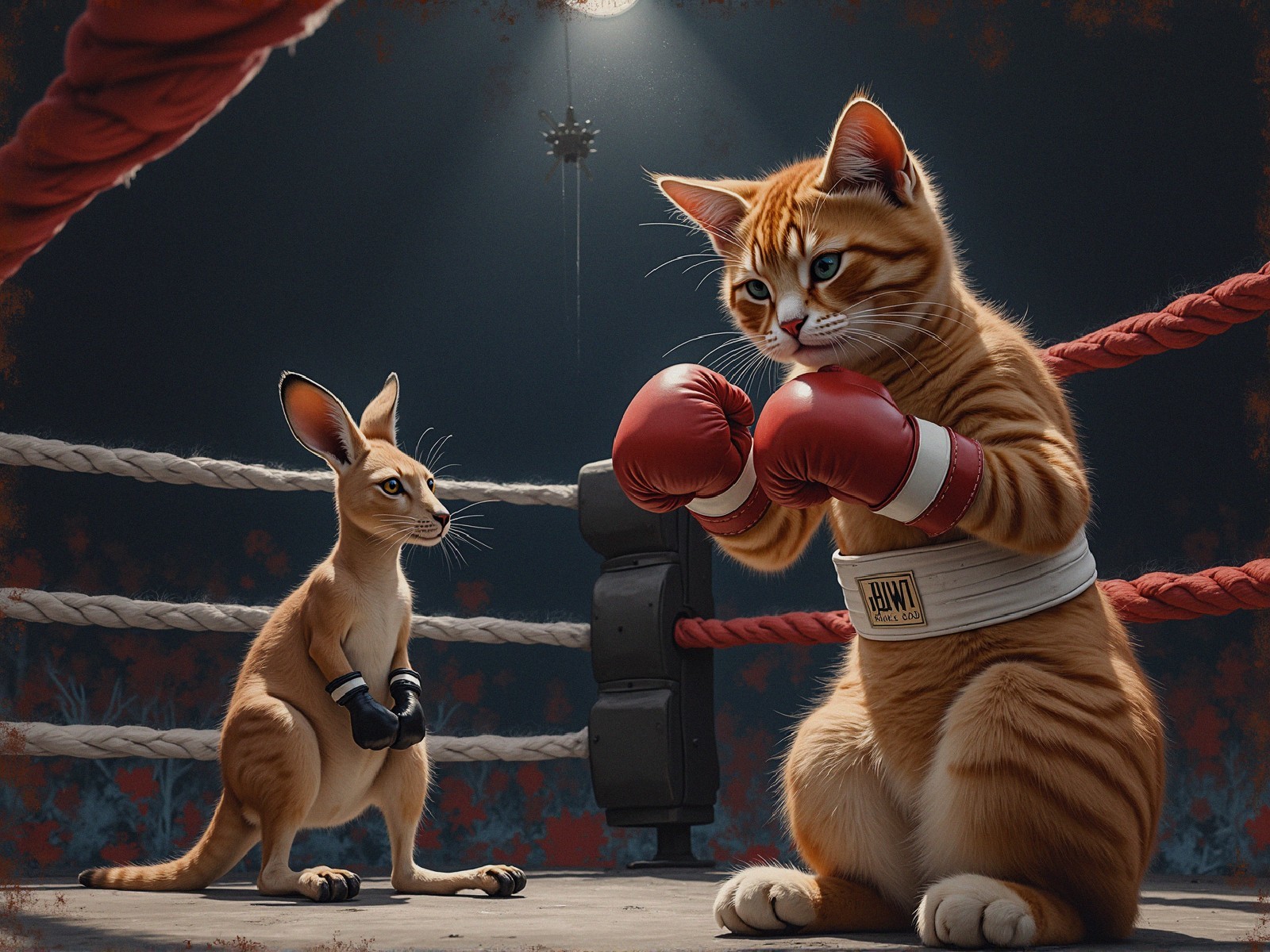Whimsical Boxing Match Between Cat and Kangaroo