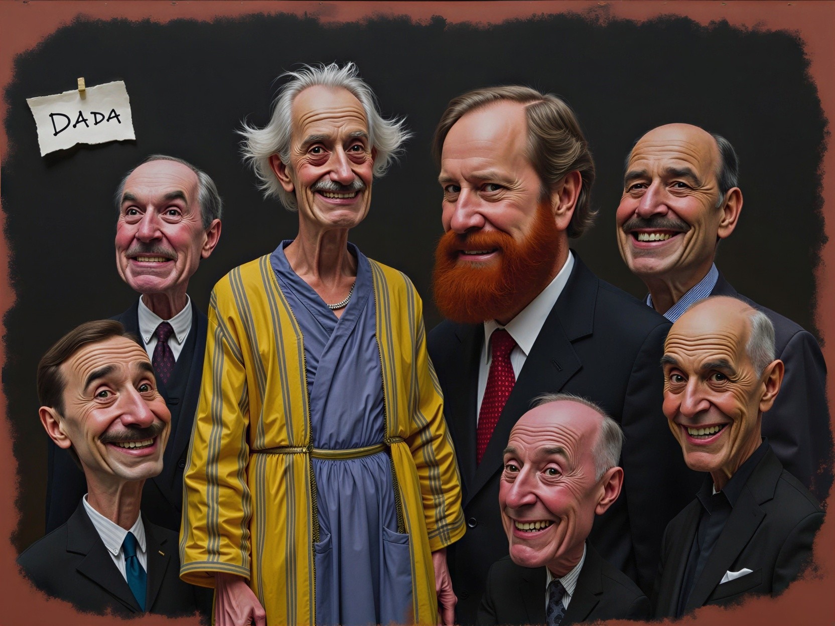 Group of Eight Men with Whimsical Expressions and Styles