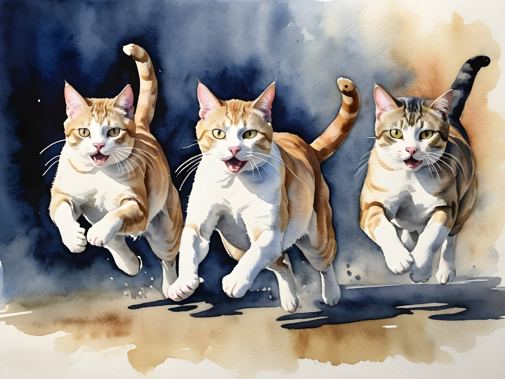 Three Playful Cats Running with Lively Expressions
