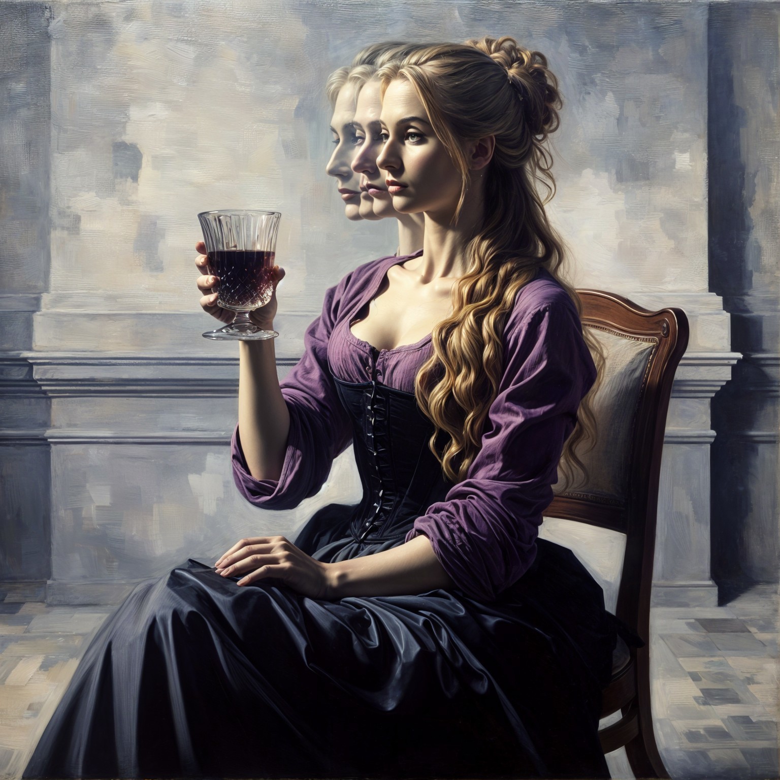 Profile of a Woman in Purple Blouse with Red Drink
