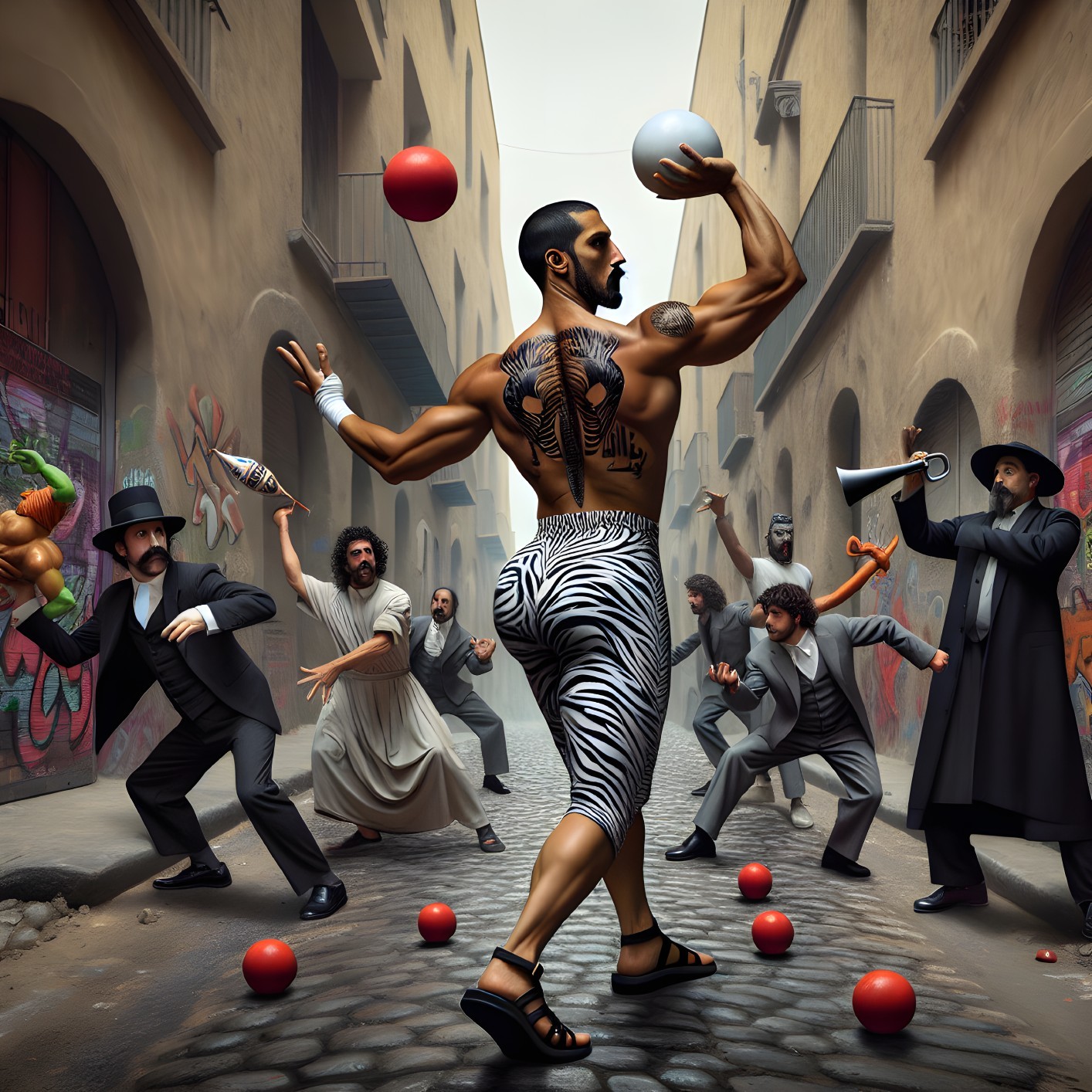 Muscular Juggler Performs in Colorful Graffiti Alley