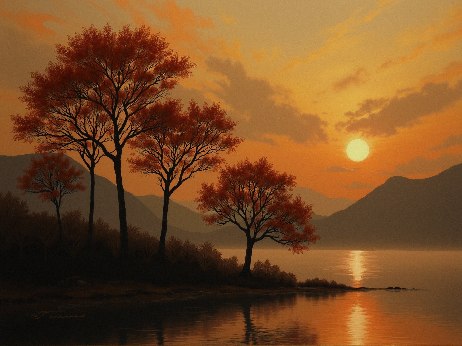 Tranquil River at Sunset with Autumn Foliage