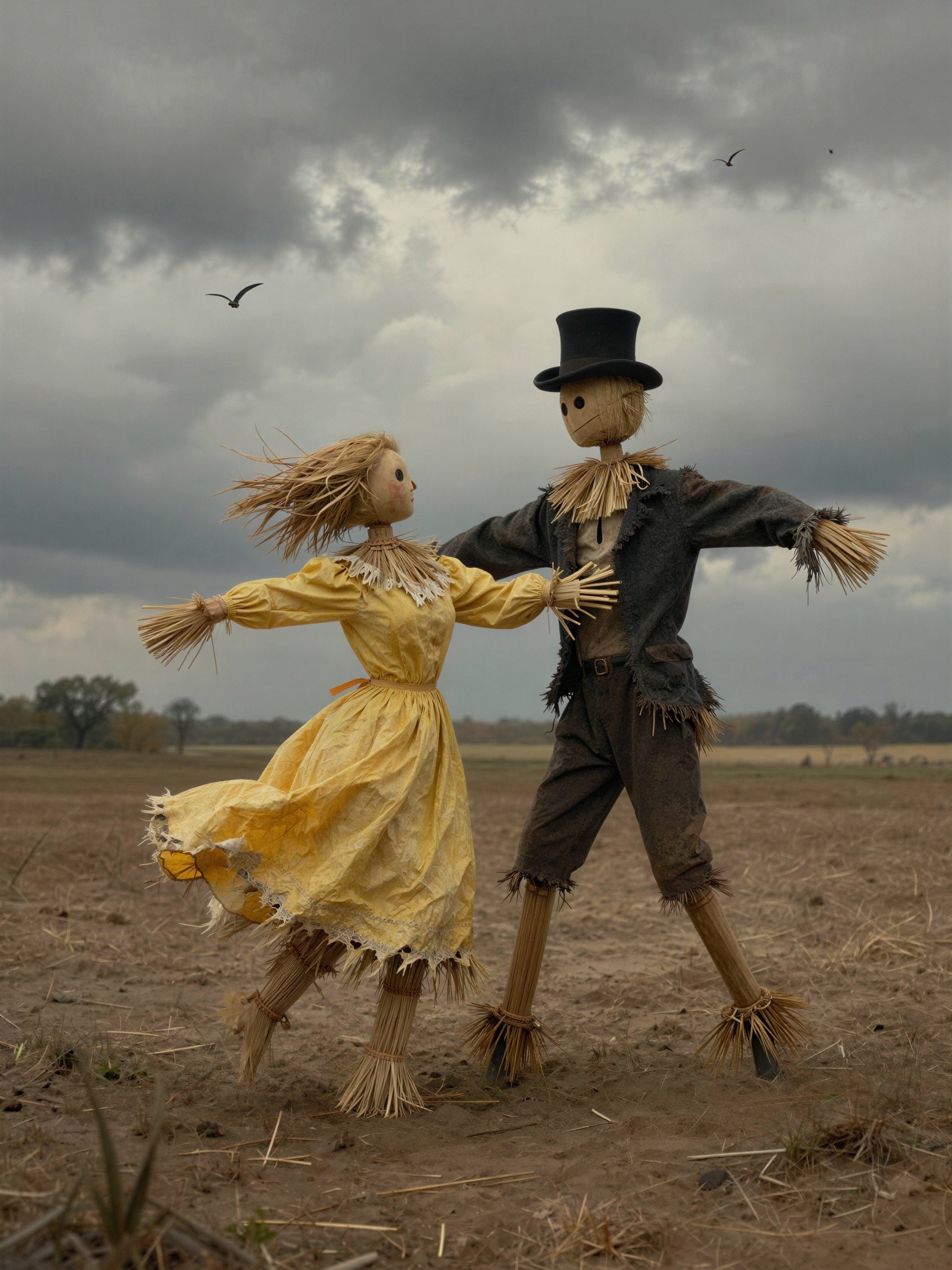 Straw Scarecrows in an Open Field Under Cloudy Sky