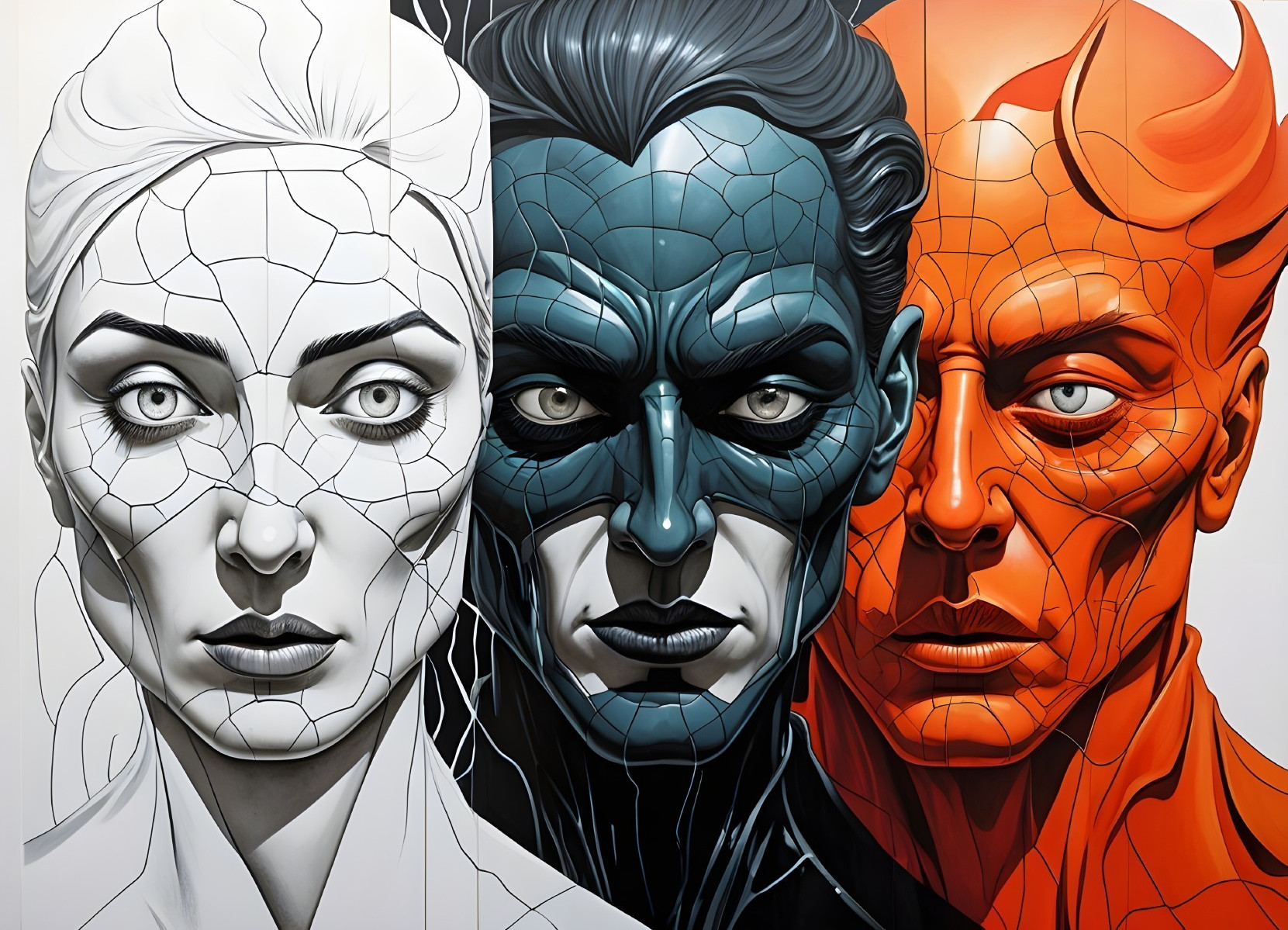 Three Stylized Faces in Distinct Colors and Patterns