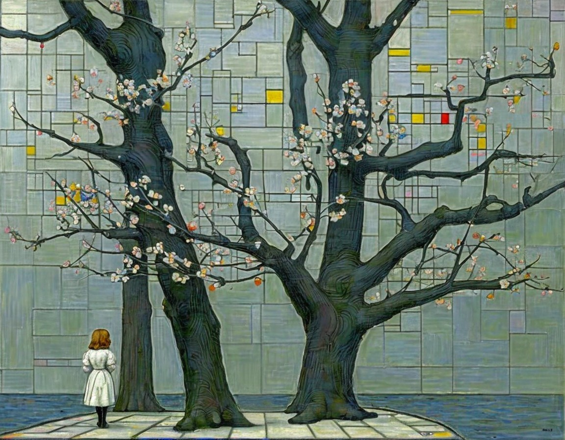 Girl in White Coat Among Blossom Trees and Abstract Art